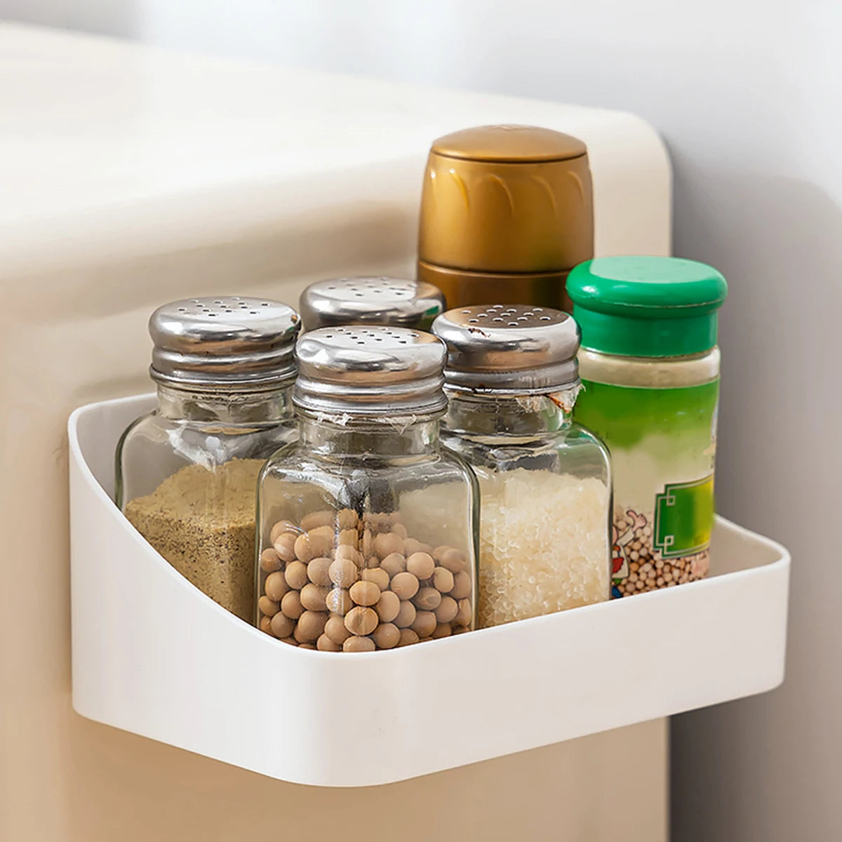 Kitchen Organizer Large Capacity Spice Jar Storage Holder Multifunctional Self-adhesive Wall Mounted Plastic Storage Rack