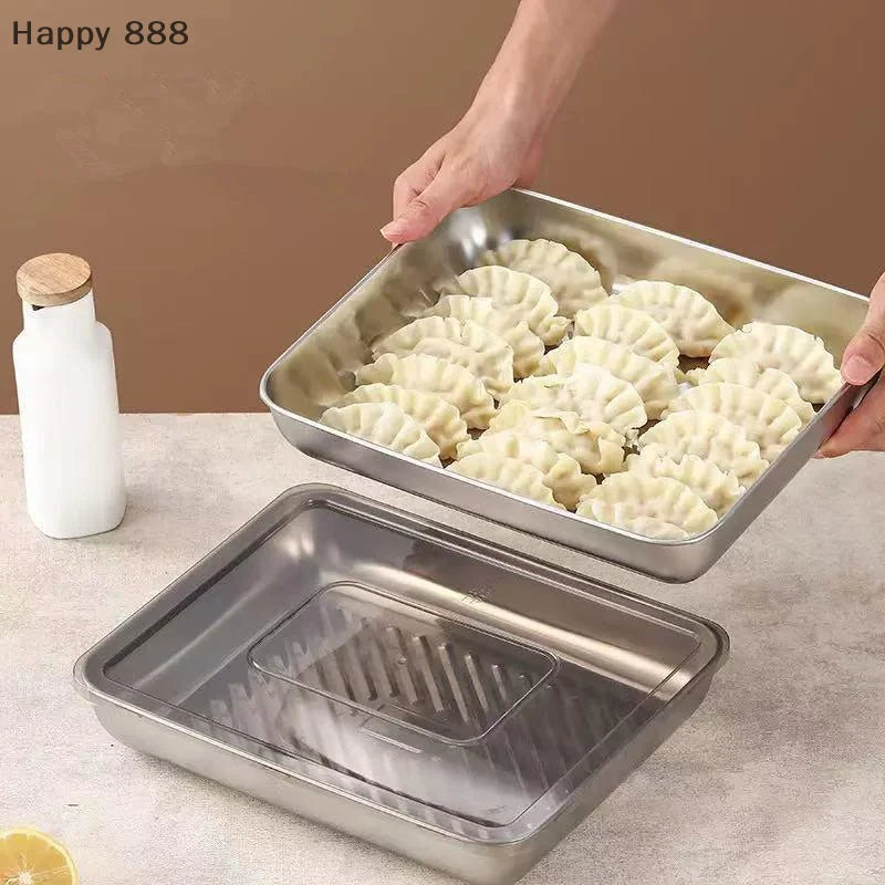 Stainless Steel Kitchen Storage Container With Tray – Refrigerator Organizer For Dumplings, Fruits, Vegetables, Meat, And Cakes