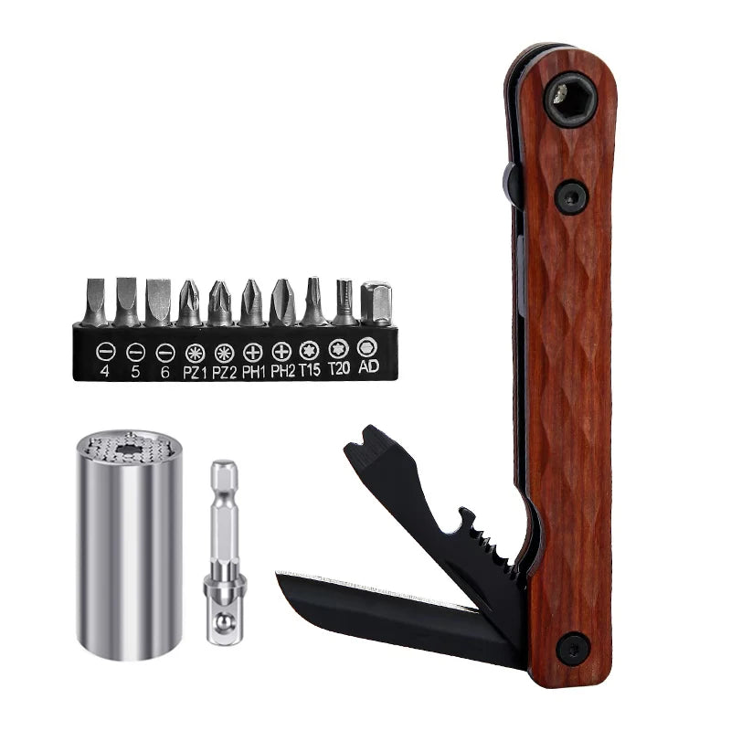 Multi-functional tools: right-angle ratchet screwdriver, ratchet wrench socket set, magic socket, EDC multi-tool folding knife