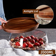 Glass Food Storage Container with Wooden Lid Multi Compartment Snack Fruit Organizer Kitchen Living Room Desktop Serving Tray