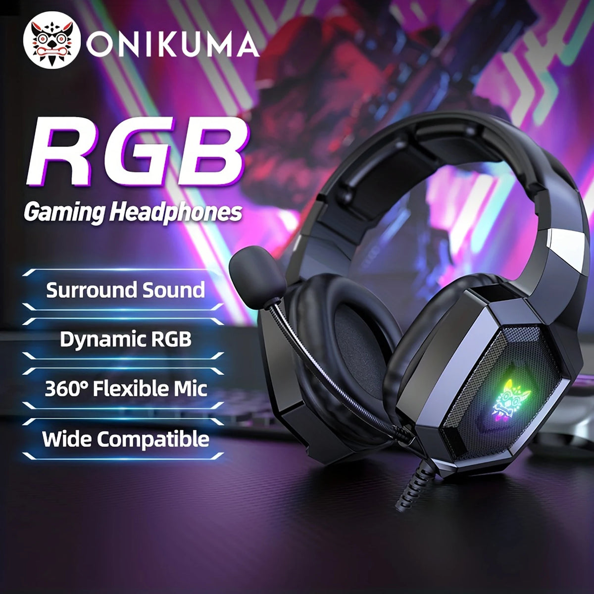ONIKUMA Gaming Headphones with Flexible HD Mic RGB Light Surround Sound Over-Ear Wired Headset Gamer for PC
