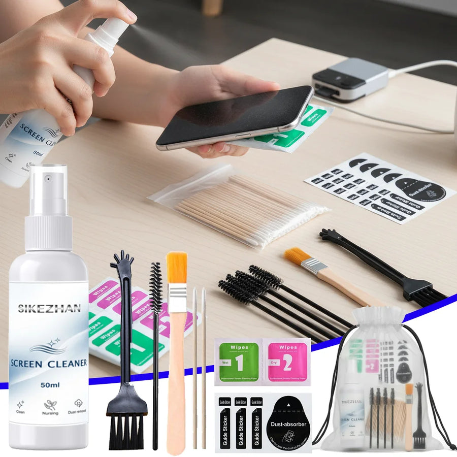Mobile Phone Cleaning Set: Screen Cleaner, Wet/Dry Wipes，Dust Remover Stickers，Detail Brushes & Swabs，For Phones/Tablets/Laptops