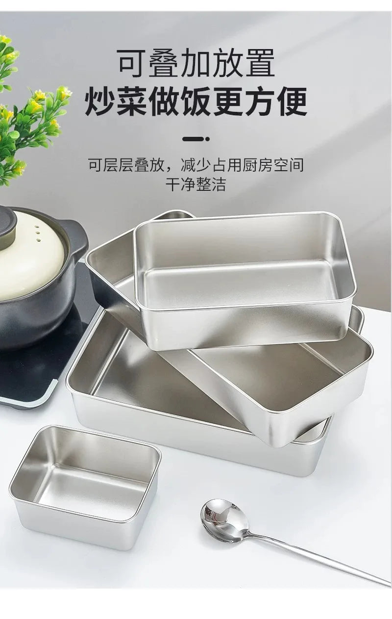 Food Storage Trays Rectangle Preservation Box with Plastic Cover Stainless Steel Multi-Function Rustproof Barbecue Food Storager
