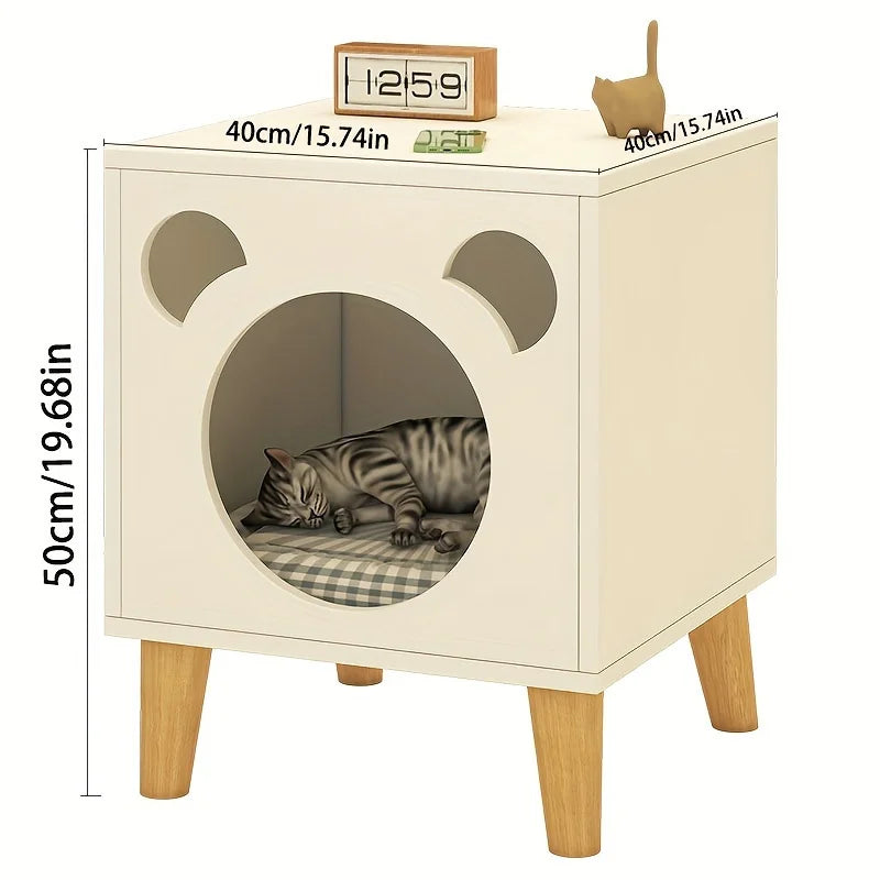 Cat Bed Side Table with Bear Cutout Design, Elevated Wooden Cat House with Cushion, Multi-Functional Nightstand & Pet Bed