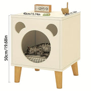 Cat Bed Side Table with Bear Cutout Design, Elevated Wooden Cat House with Cushion, Multi-Functional Nightstand & Pet Bed