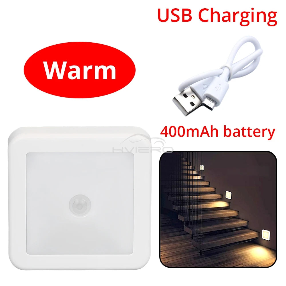 LED Night Light Smart Motion Sensor Battery USB Charging Operated Bedside Lamp Living Room Hallway Pathway Toilet Home Lighting