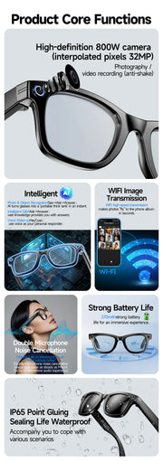 New 8 Million Pixels Camera Smart Glasses Recording Videos AI Photo Recognition Answer Translation Waterproof Blue light Glasses