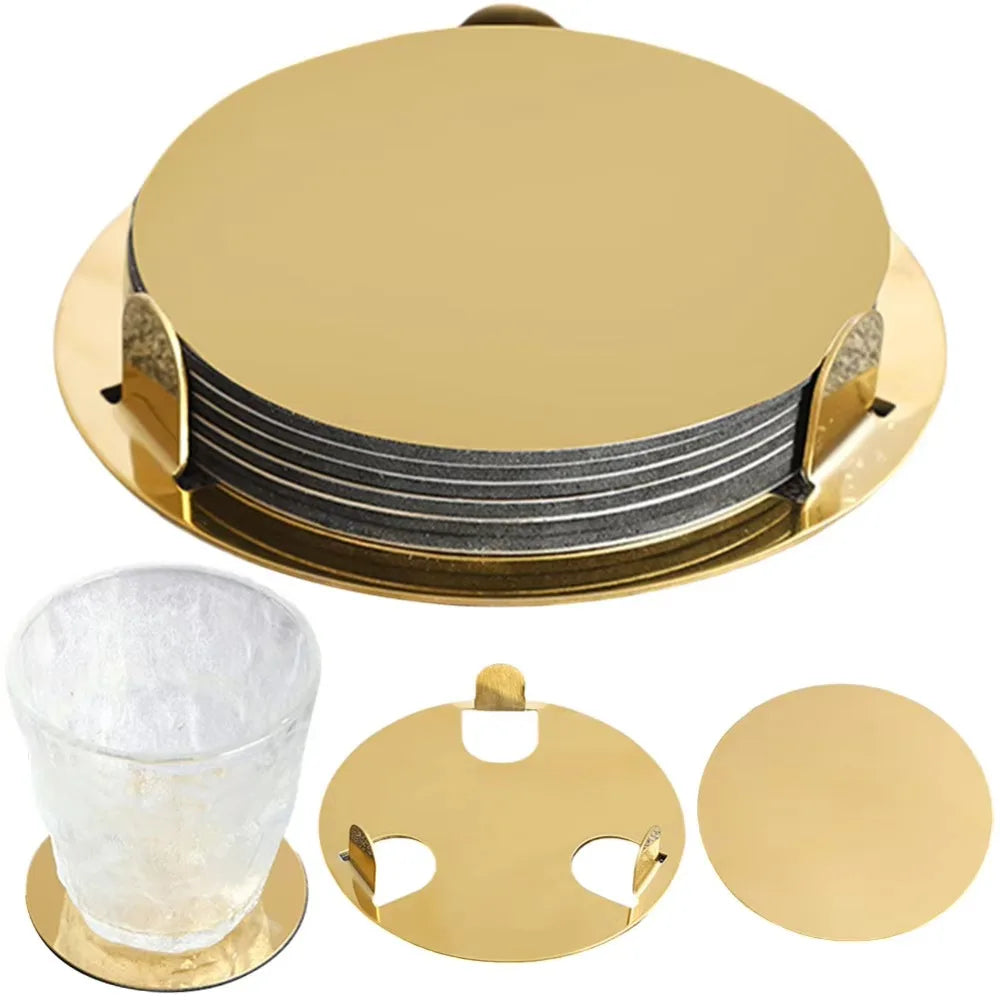 Kitchen Gadgets Round Gold Stainless Steel Coaster Set Mirror-like With Holder Drink Pad Scald-proof Insulated Cup Mat Tabletop