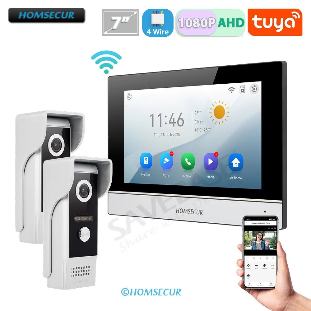 HOMSECUR 4 Wire Tuya Smart APP HD Video House Door Phone Kit with 7" Touch Screen Monitor IP65 Doorbell Camera Record Snapshot