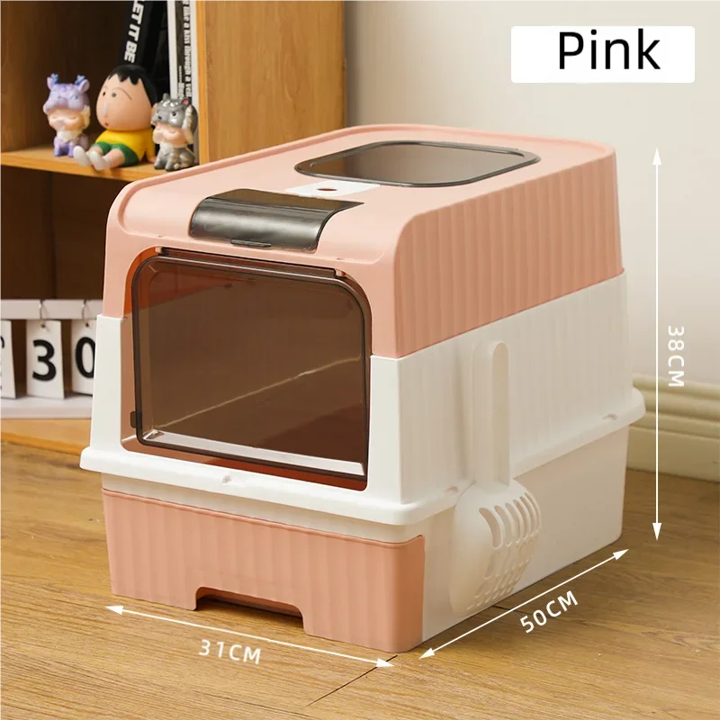 Cat Litter Box with Scoop, Large Foldable Litter Box with Lid, Front Entry Top Exit Kitty Box, Odor Control, Easy To Clean