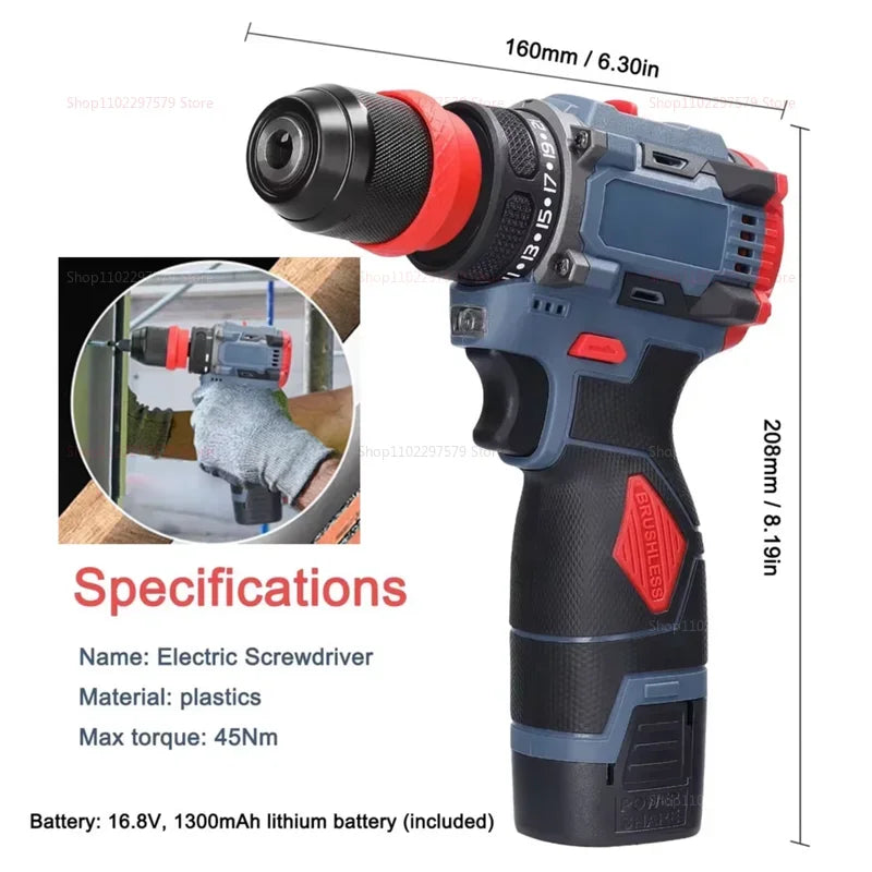 2 in 1 Lithium Brushless Cordless Drill and Electric Screwdriver Multi-Function Power Tool for Home Renovation Furniture Assembl