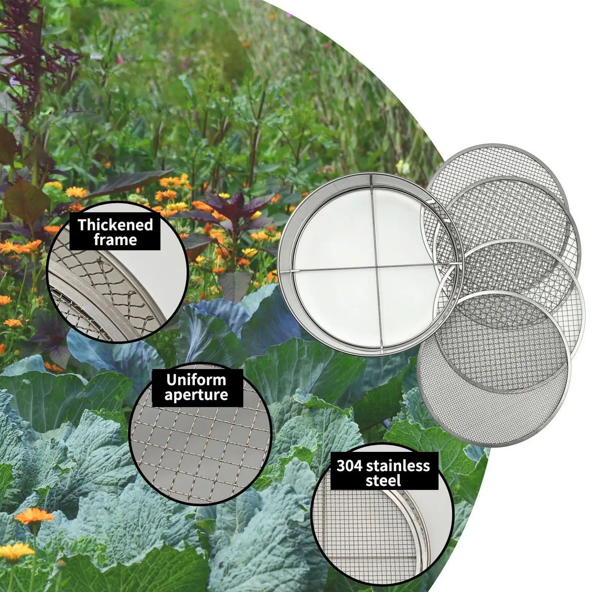 Garden Soil Sifter With 4 Mesh ScreensStainless Steel Rock Sifter Filter Mesh Flower Plant Nursery Soil Sifter For Soil Stone