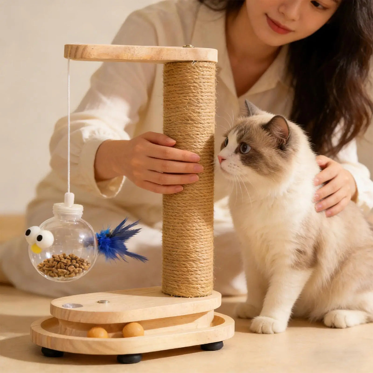 Cat Scratching Post with Treat Dispenser Sisal Rope Scratcher Toy Furniture Protector for Indoor Cats Kittens Climbing Activity