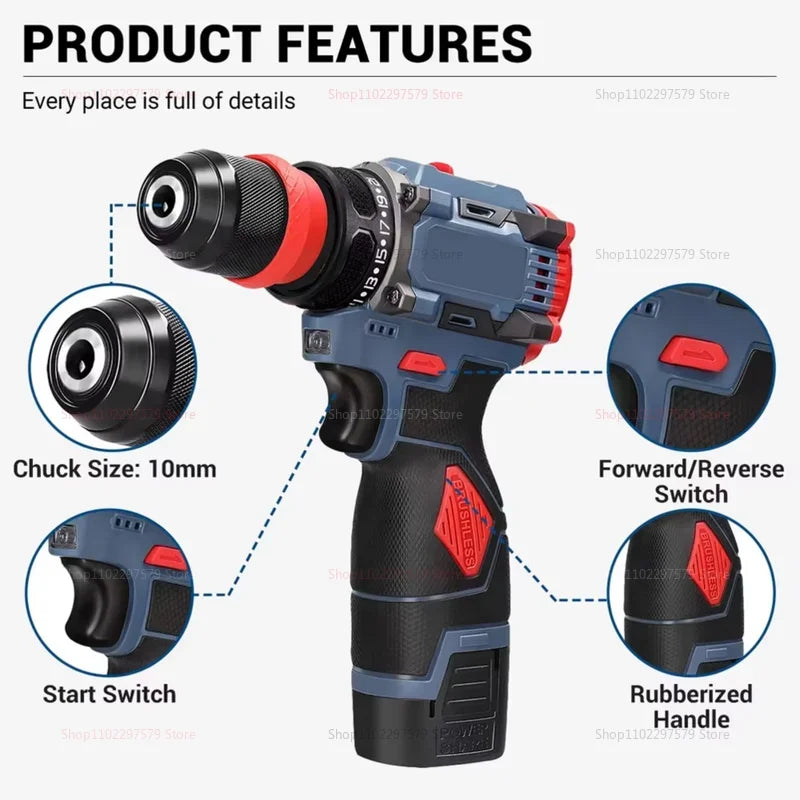 2 in 1 Lithium Brushless Cordless Drill and Electric Screwdriver Multi-Function Power Tool for Home Renovation Furniture Assembl
