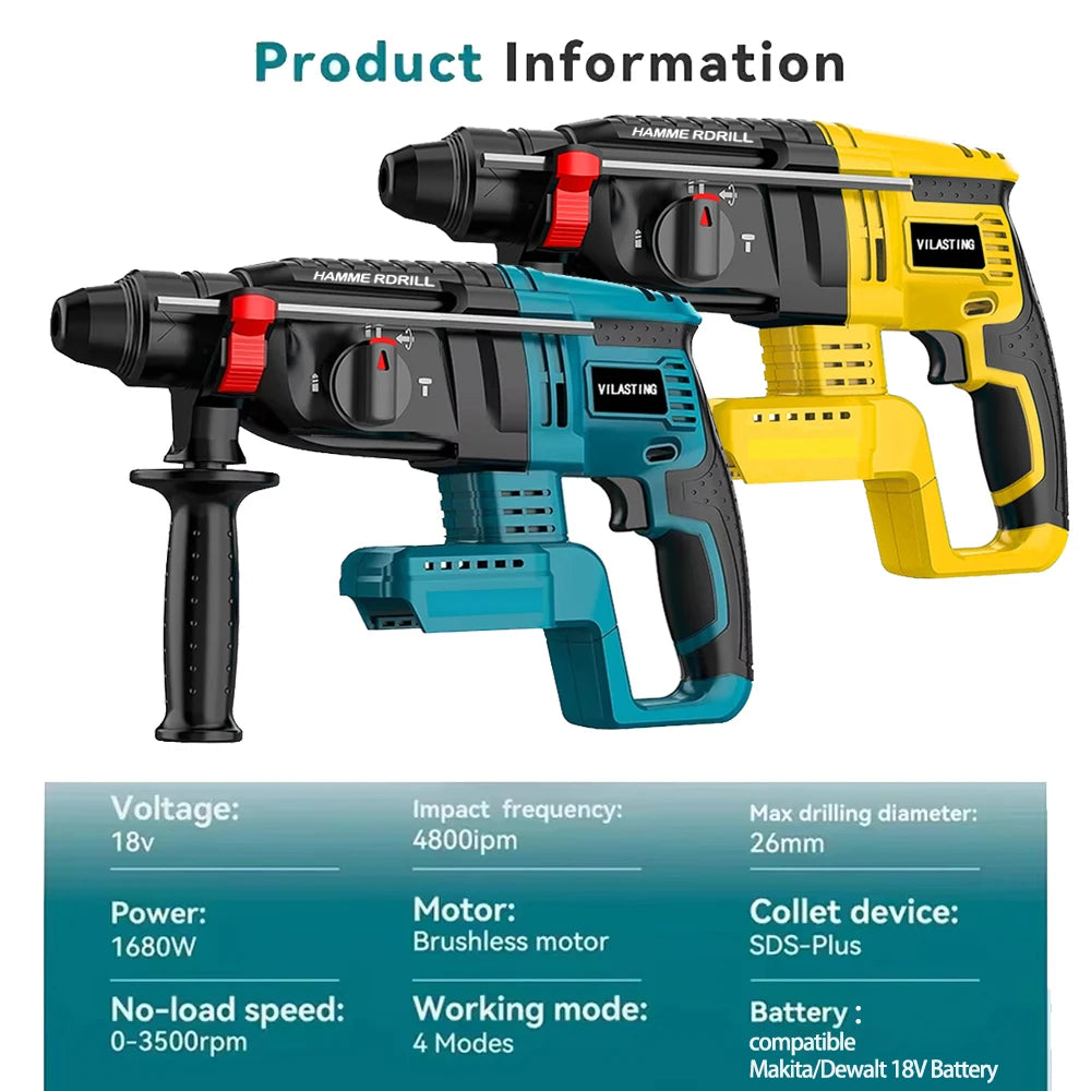 VILASTING 26MM Brushless Electric Hammer Drill Multifunctional Rotary Cordless Power Tools For Makita/Dewalt 18V Battery Pin