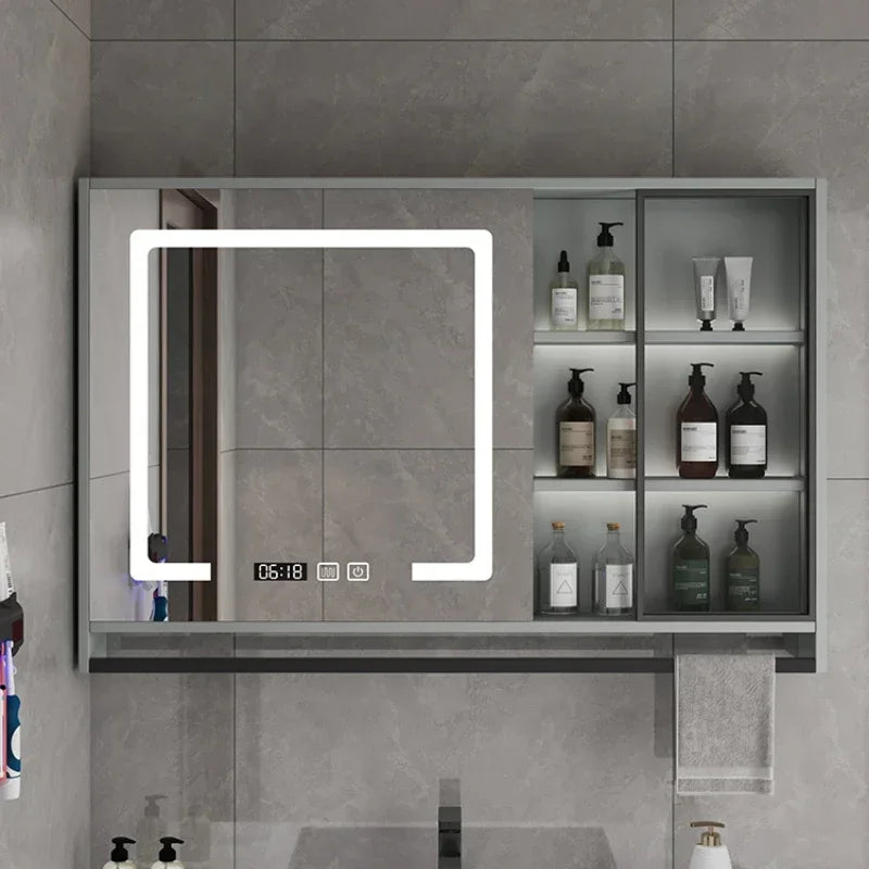 Smart Bathroom Storage Mirror Cabinets with Towel Rod Wall Standing Closet Light Mirror Cabinets Organizador Bathroom Furniture