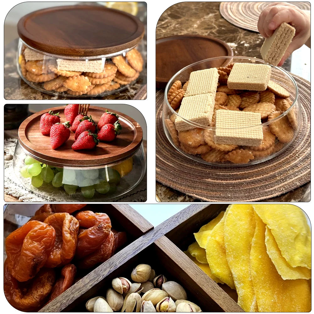 Glass Food Storage Container with Wooden Lid Multi Compartment Snack Fruit Organizer Kitchen Living Room Desktop Serving Tray