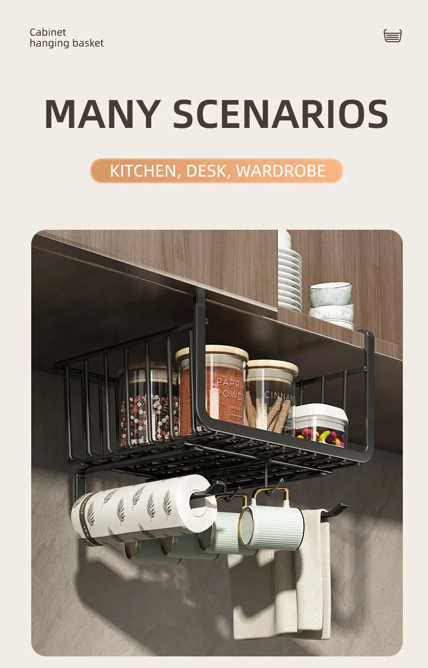 Kitchen Under Cabinet Basket Storage Shelf Tissue Cup Holder Closet Desk Hanging Rack Hollowed Pullout Drawer Sliding Basket