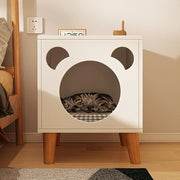 Cat Bed Side Table with Bear Cutout Design, Elevated Wooden Cat House with Cushion, Multi-Functional Nightstand & Pet Bed