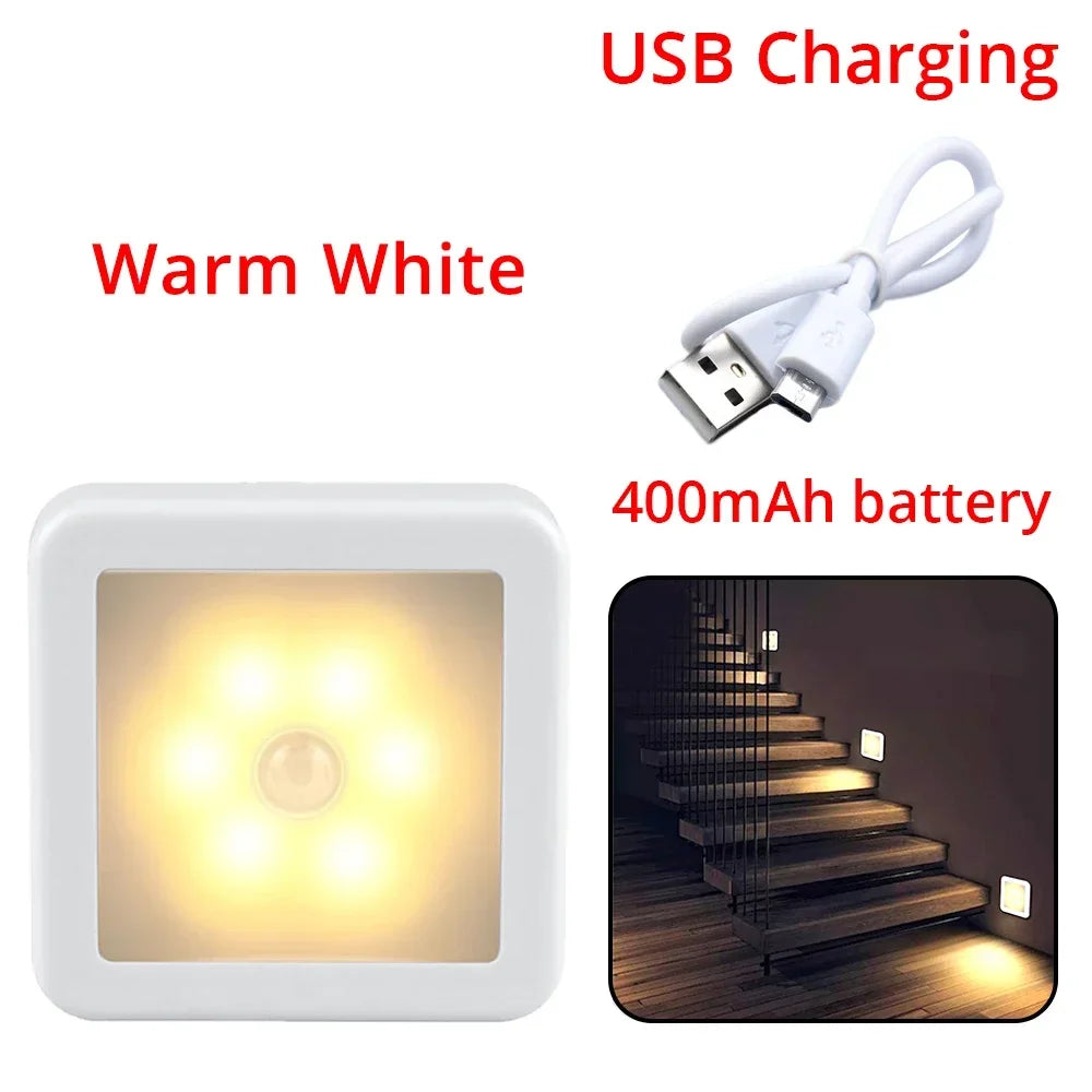 LED Night Light Smart Motion Sensor Battery USB Charging Operated Bedside Lamp Living Room Hallway Pathway Toilet Home Lighting