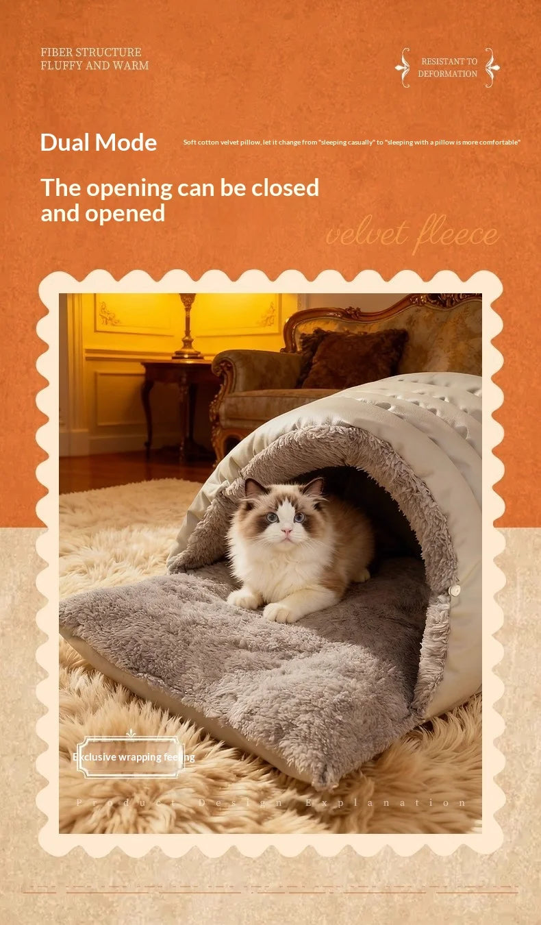 Semi-Enclosed Cat Bed Winter Warm Cat Cave Bed Washable Cat House Non-Slip Warm Waterproof Bottom for Indoor Cats Anti-Anxiety