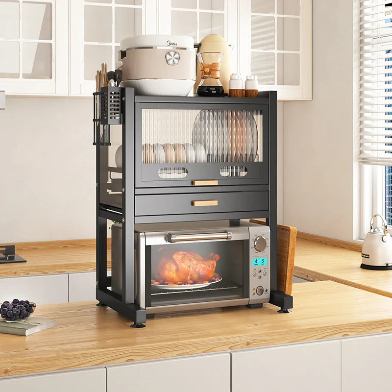 Kitchen Microwave Storage Rack Household Oven Integrated Dust-proof Bowl And Dish Drain Knife Holder Storage Rack