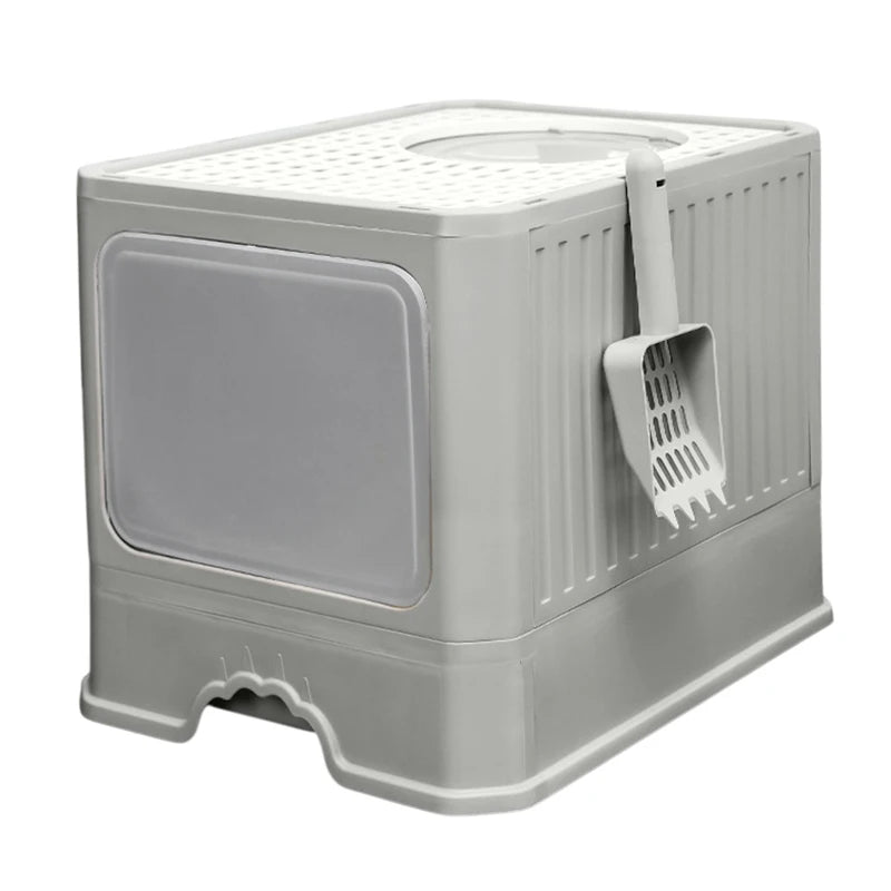 Cat Litter - Box With Scoop, Large Foldable Litter Box With Lid, Front Entry Top Exit Kitty Box, Odor Control
