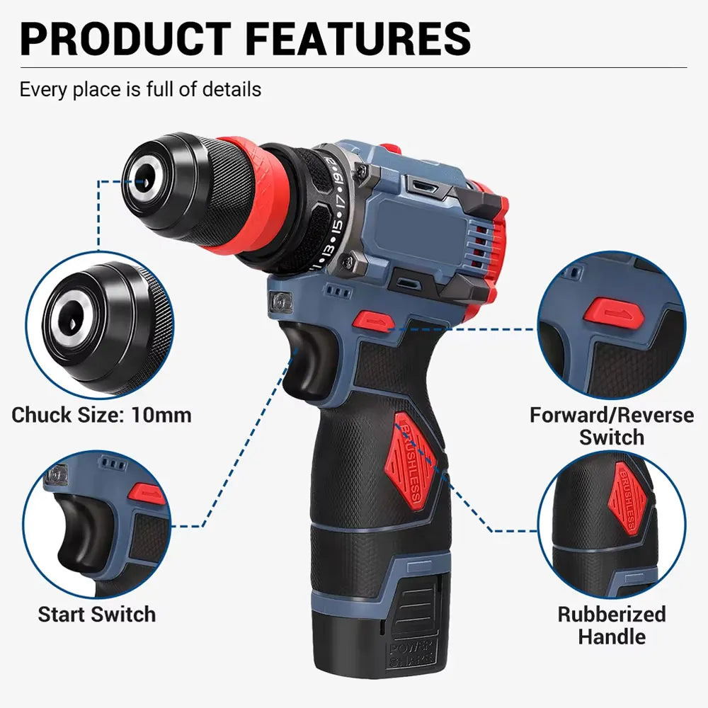 2 in 1 Lithium Brushless Cordless Drill and Electric Screwdriver Multi-Function Power Tool for Home Renovation Furniture Assembl