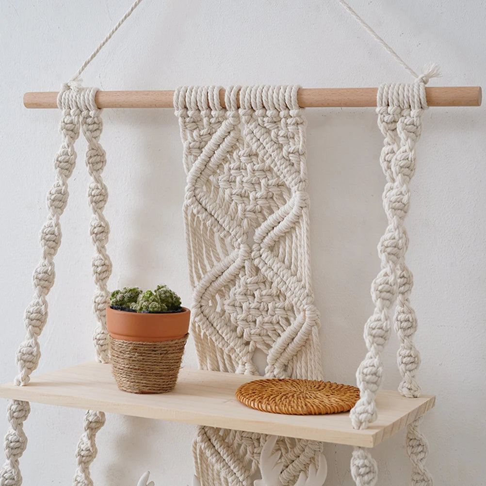 Bohemian Bedroom Decoration Wall Decoration Bohemian Bookshelf Decoration,Woven Rope Floating Wooden Shelves and Plants Storage