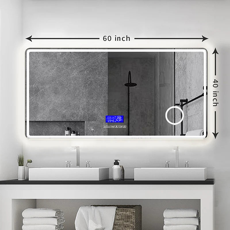 Smart Bathroom Mirror, Toilet, Washroom, Wall Mounted, LED Light Mirror, Anti Fog, Defogging, Bathroom Mirror, with Time Display