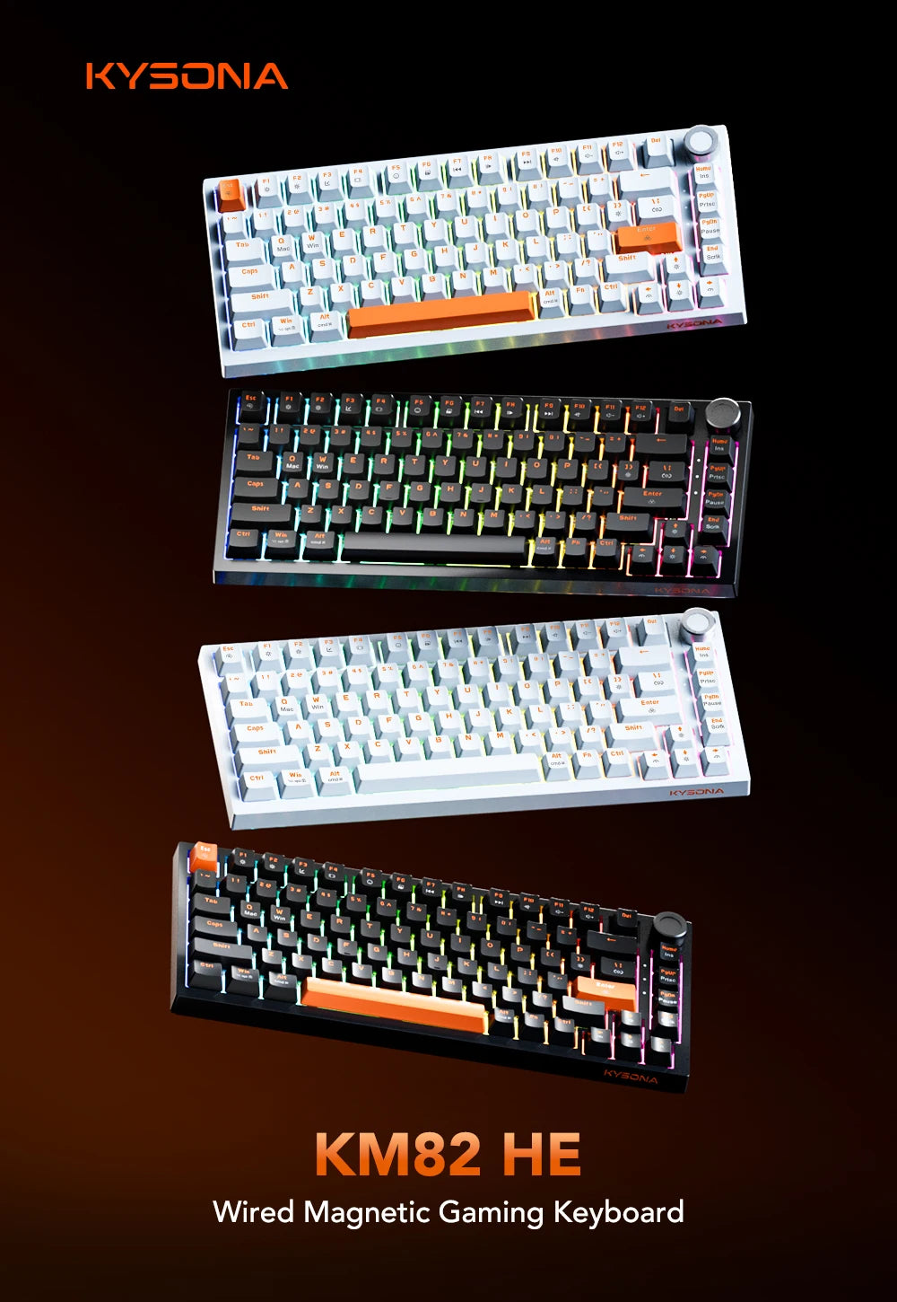 KYSONA KM82 HE Wired Gaming Keyboard Magnetic Switch 75% 82 Key 8000Hz Polling Rate PBT Ultra-Precision 0.005mm RGB For Gamer