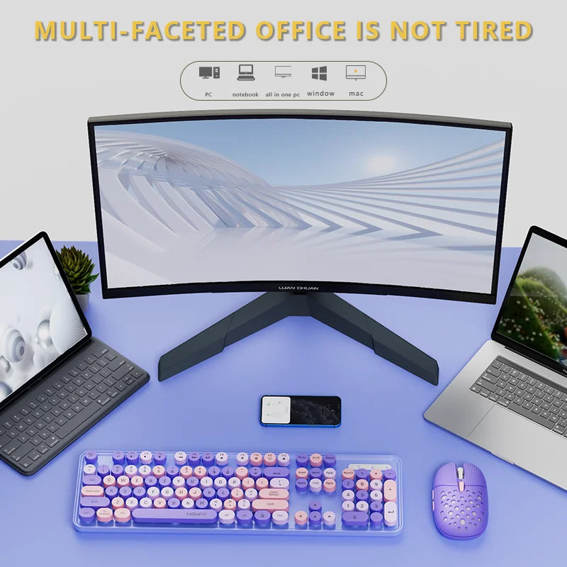 Cute 104Keys Retro Round Keycap 2.G Wireless Gaming Keyboard Mouse Combo Ergonomic Keyboard With Multimedia function keys