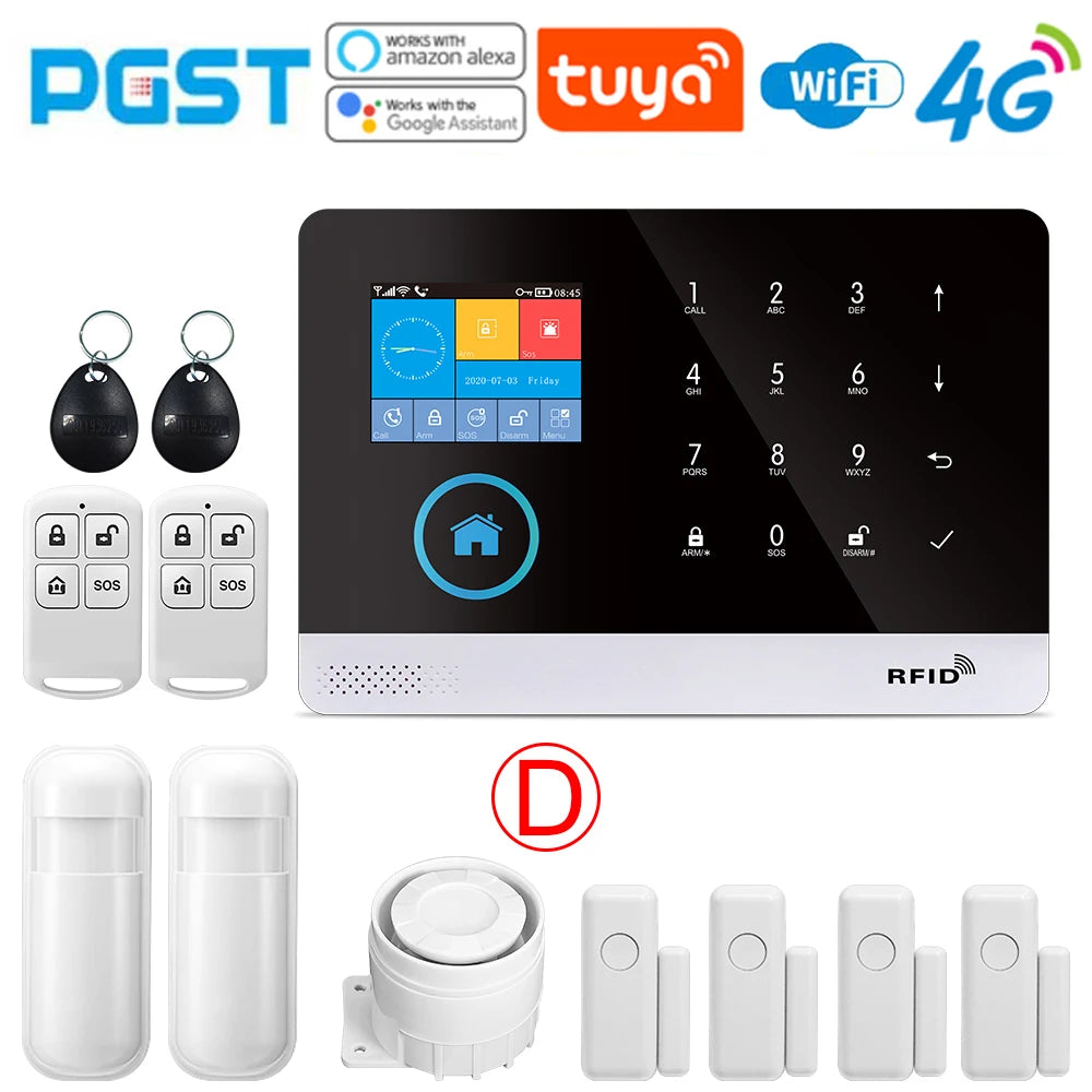 4G wireless security alarm, WIFI smart home alarm system kit, home security protection, compatible with SmartLife PGST-103