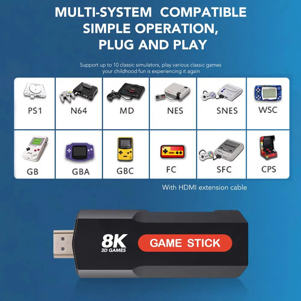 X2 Game Stick HD 4K 8K 3D Console  Dual Controller Wireless10000 Games 64GB Retro Games 4G 5G WiFi Game stick PK Q9 Stick