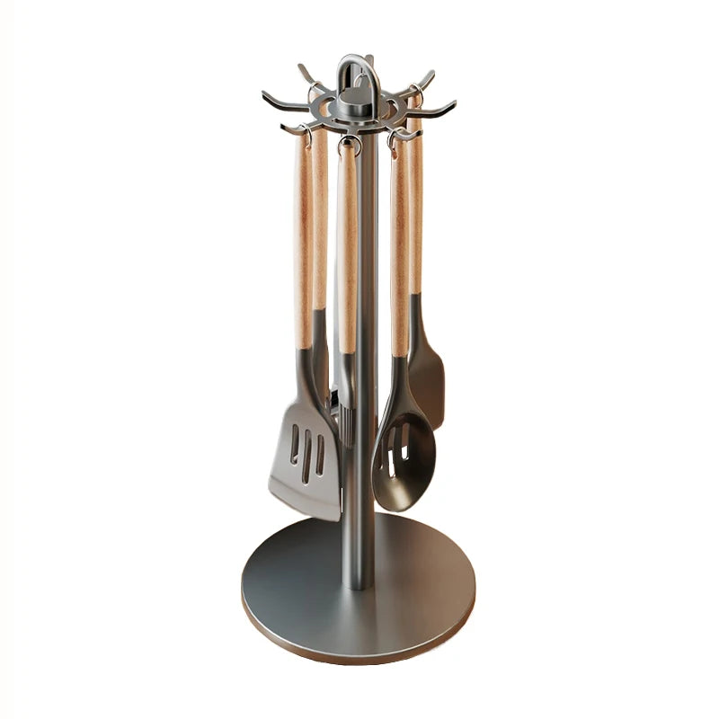 Kitchen Utensil Stand: Rotating Storage Hanger with 8 Hooks,for Countertop Organization rotatable Cooking Utensils Holder
