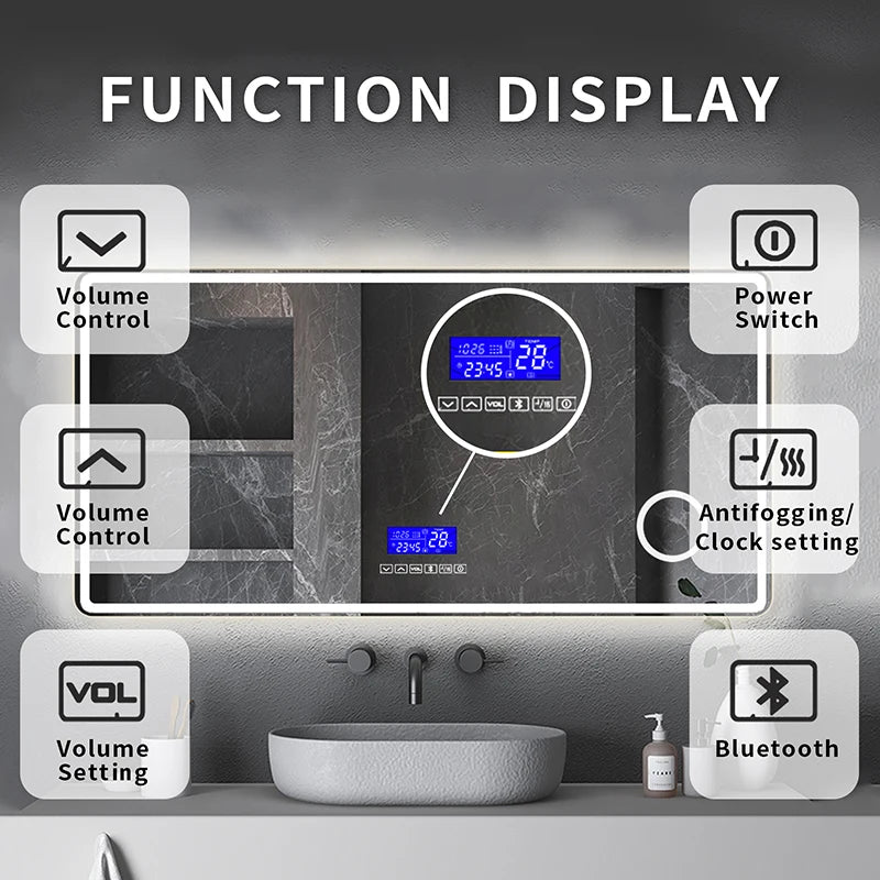 Smart Bathroom Mirror, Toilet, Washroom, Wall Mounted, LED Light Mirror, Anti Fog, Defogging, Bathroom Mirror, with Time Display