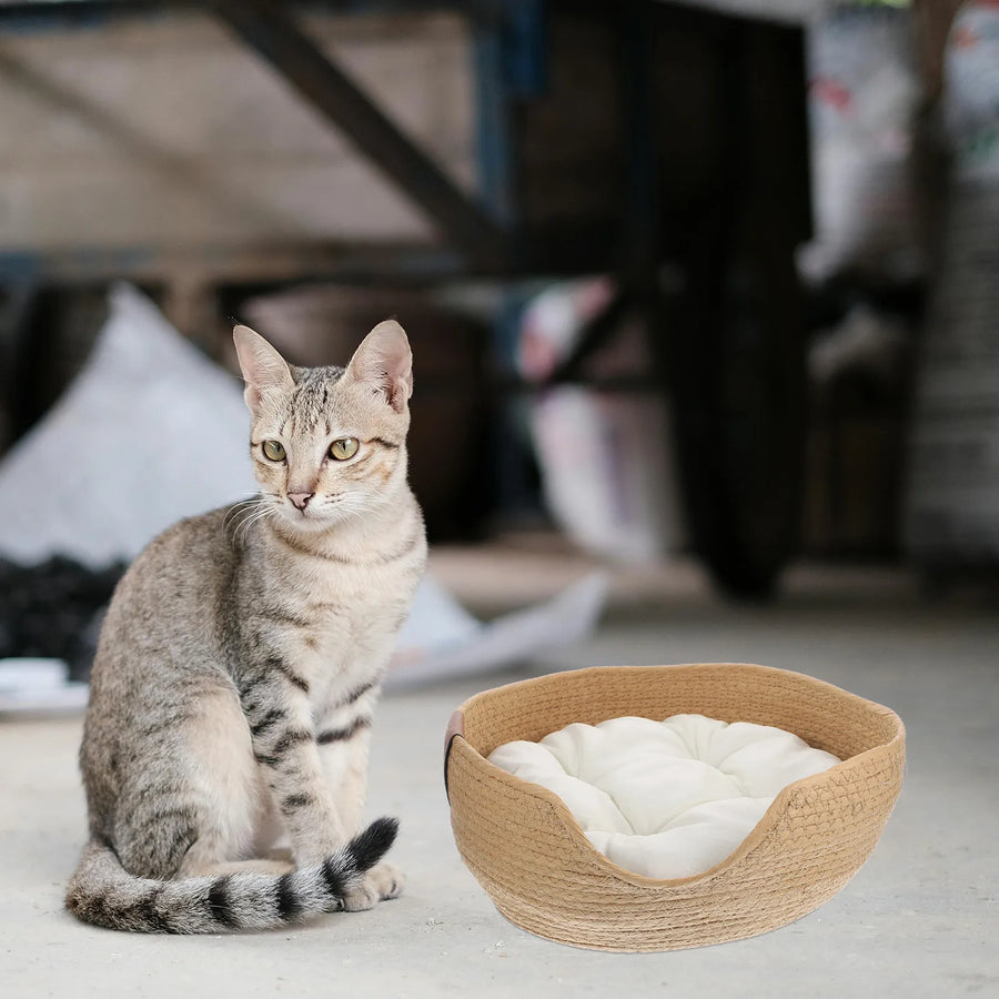 Cat Bed in Basket Woven Badket Sleeping Nest for Cats Weave with Cushion Type Pet