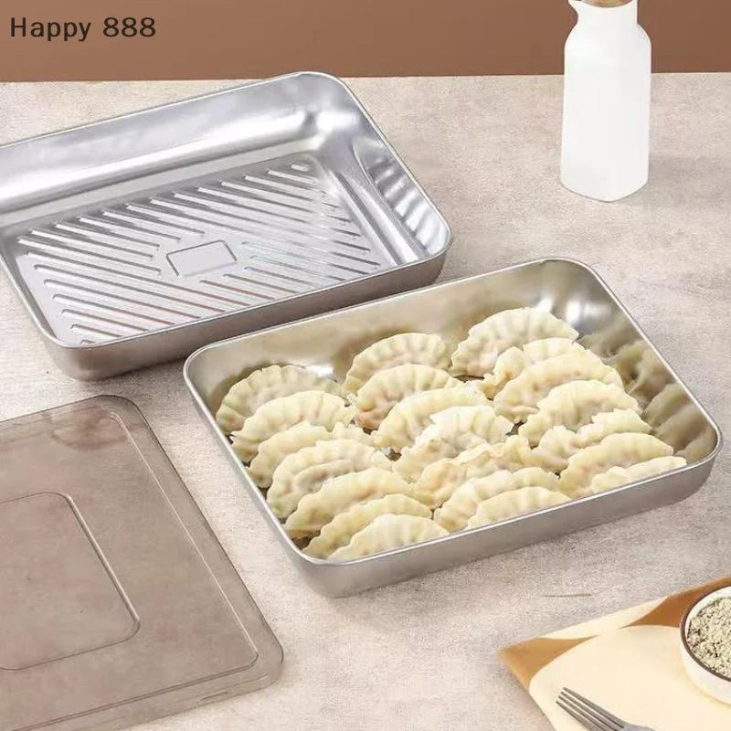 Stainless Steel Kitchen Storage Container With Tray – Refrigerator Organizer For Dumplings, Fruits, Vegetables, Meat, And Cakes