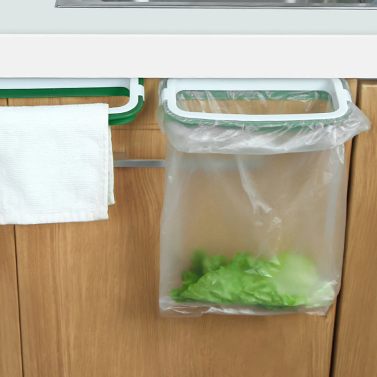 Kitchen Under Sink Garbage Bag Holder Trash Bag Rack Garbage Container Cabinet Door Mount Hooks for Trash Bags Cleaning Cloths