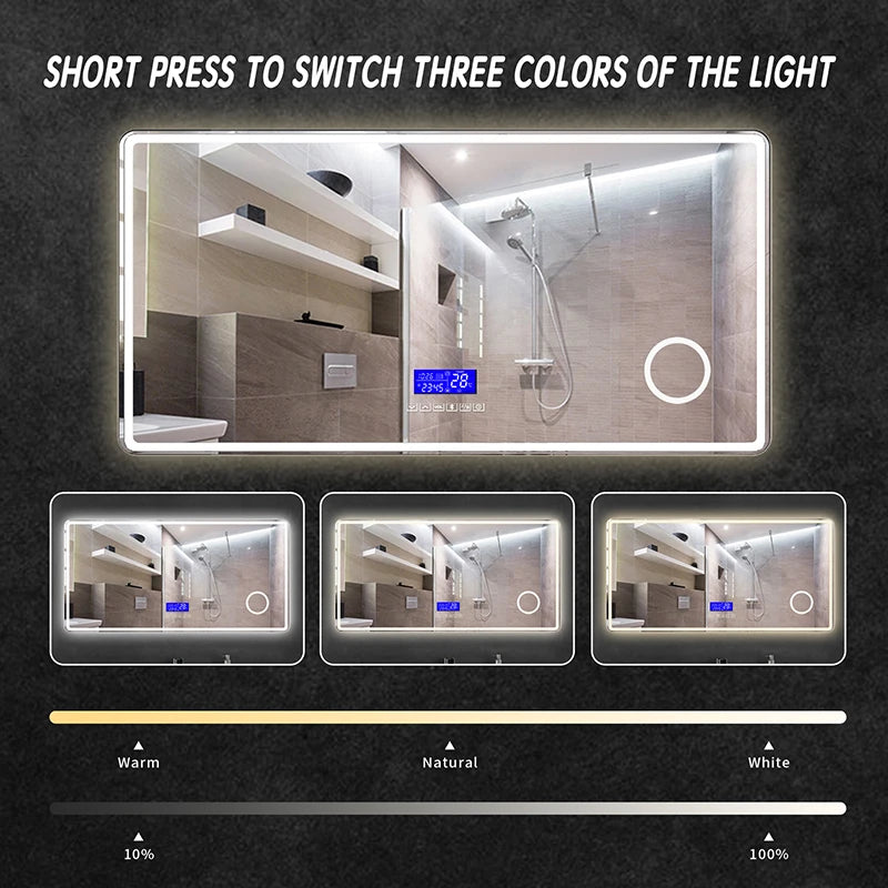 Smart Bathroom Mirror, Toilet, Washroom, Wall Mounted, LED Light Mirror, Anti Fog, Defogging, Bathroom Mirror, with Time Display
