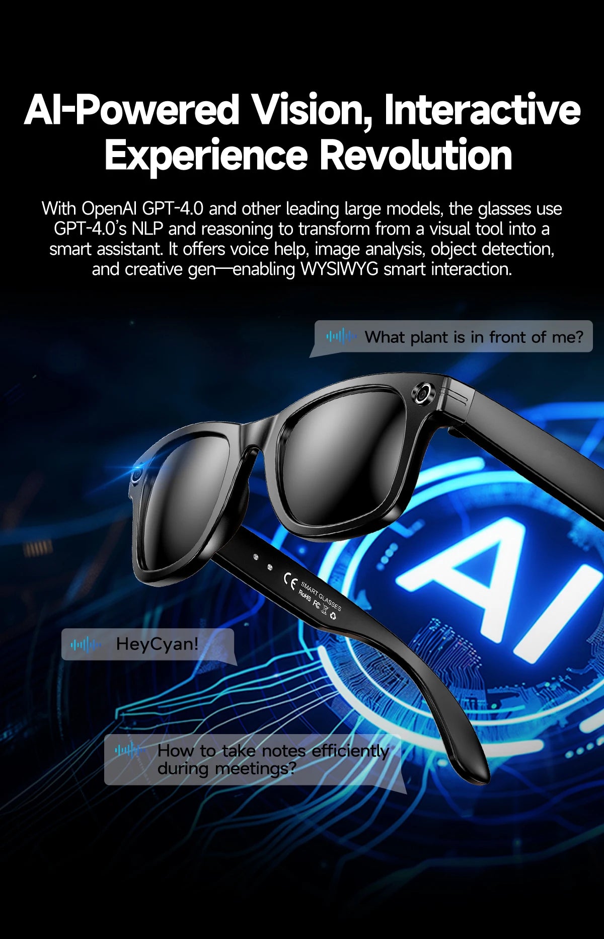 New 8 Million Pixels Camera Smart Glasses Recording Videos AI Photo Recognition Answer Translation Waterproof Blue light Glasses