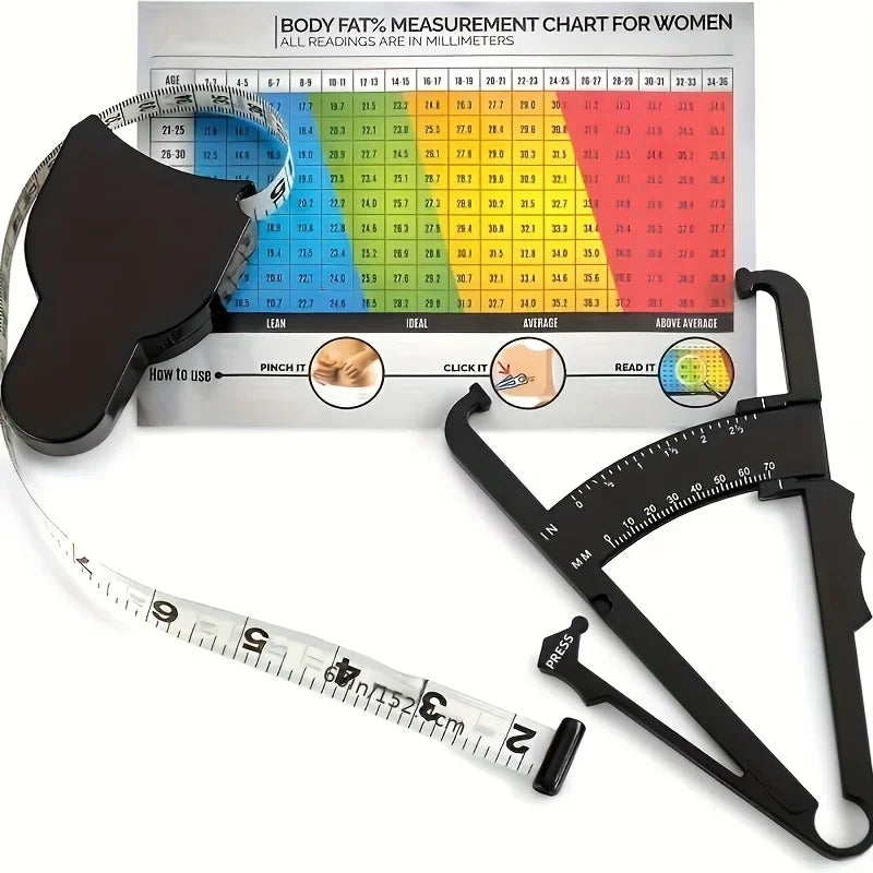 Body fat caliper and Waist Measurement Tape set - handheld fat caliper and tape combination, portable fitness measuring tool