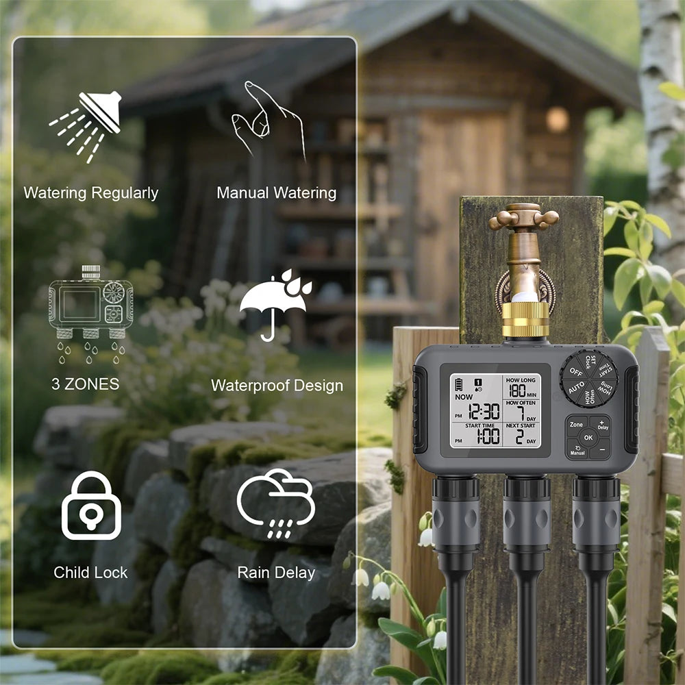 Garden Water Timer Irrigation System 3-Outlet Digital Garden Sprinkler Programmer Rain Delay Automatic Watering for Garden Lawn