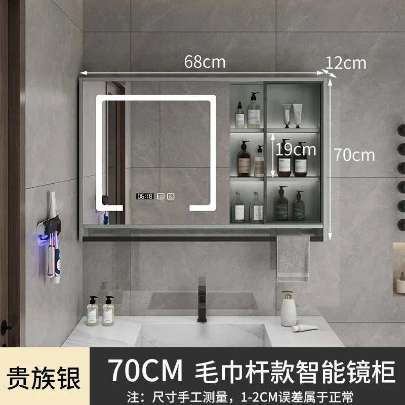 Smart Bathroom Storage Mirror Cabinets with Towel Rod Wall Standing Closet Light Mirror Cabinets Organizador Bathroom Furniture