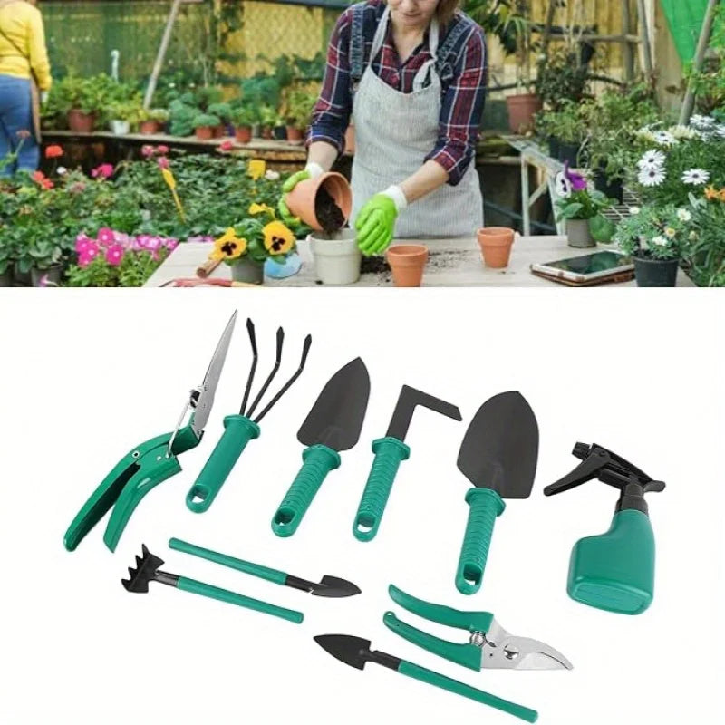 1Set Garden Tool Set Metal Plastic Non Electric with Suitcase 10pcs Pruning Rake Shovel Spatula Sprayer Non Slip Rubber Grip