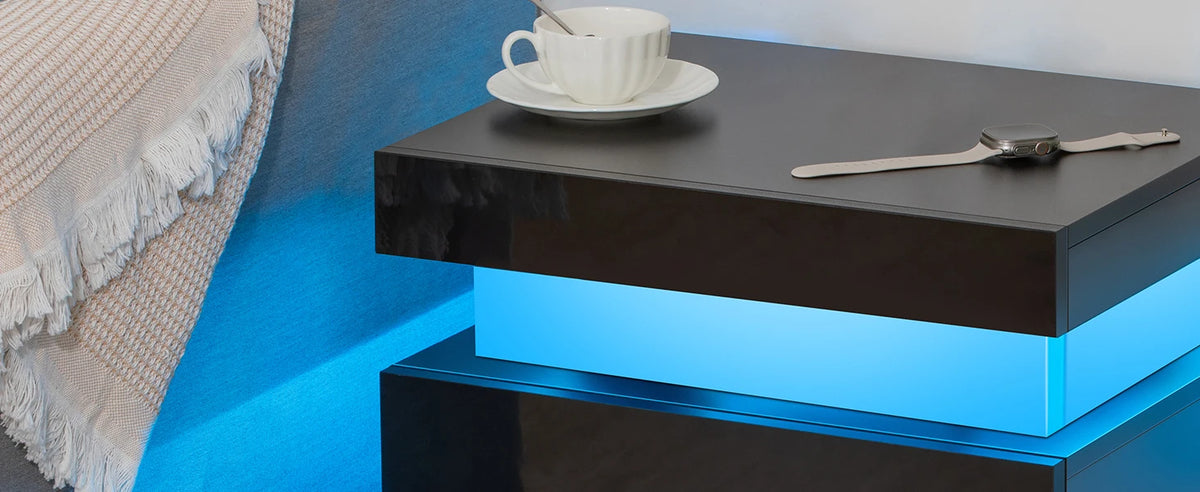 Living Room LED Nightstand Black Night Stand Led Lights Modern Nightstand 2 High Gloss Drawers Bedside Table Smart Bedroom