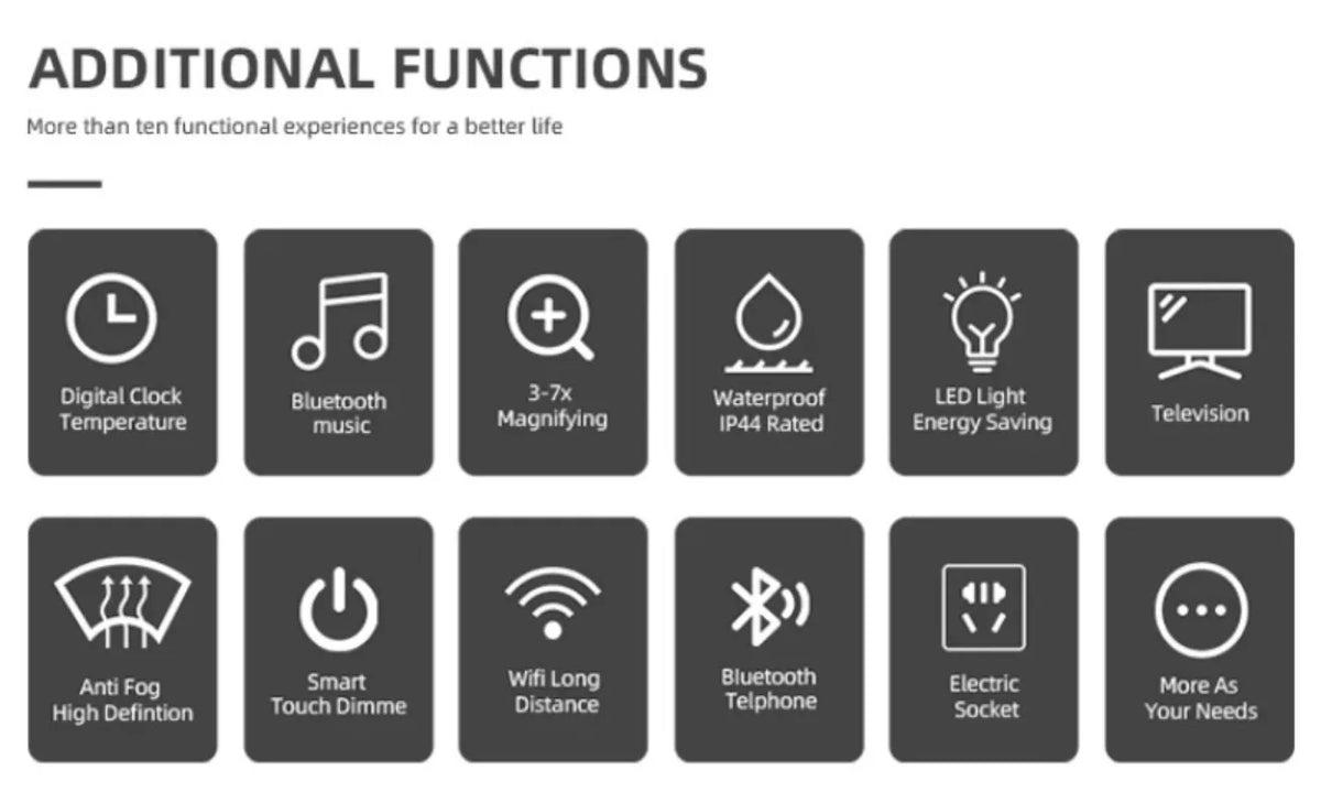 Smart Bathroom Mirror, Toilet, Washroom, Wall Mounted, LED Light Mirror, Anti Fog, Defogging, Bathroom Mirror, with Time Display