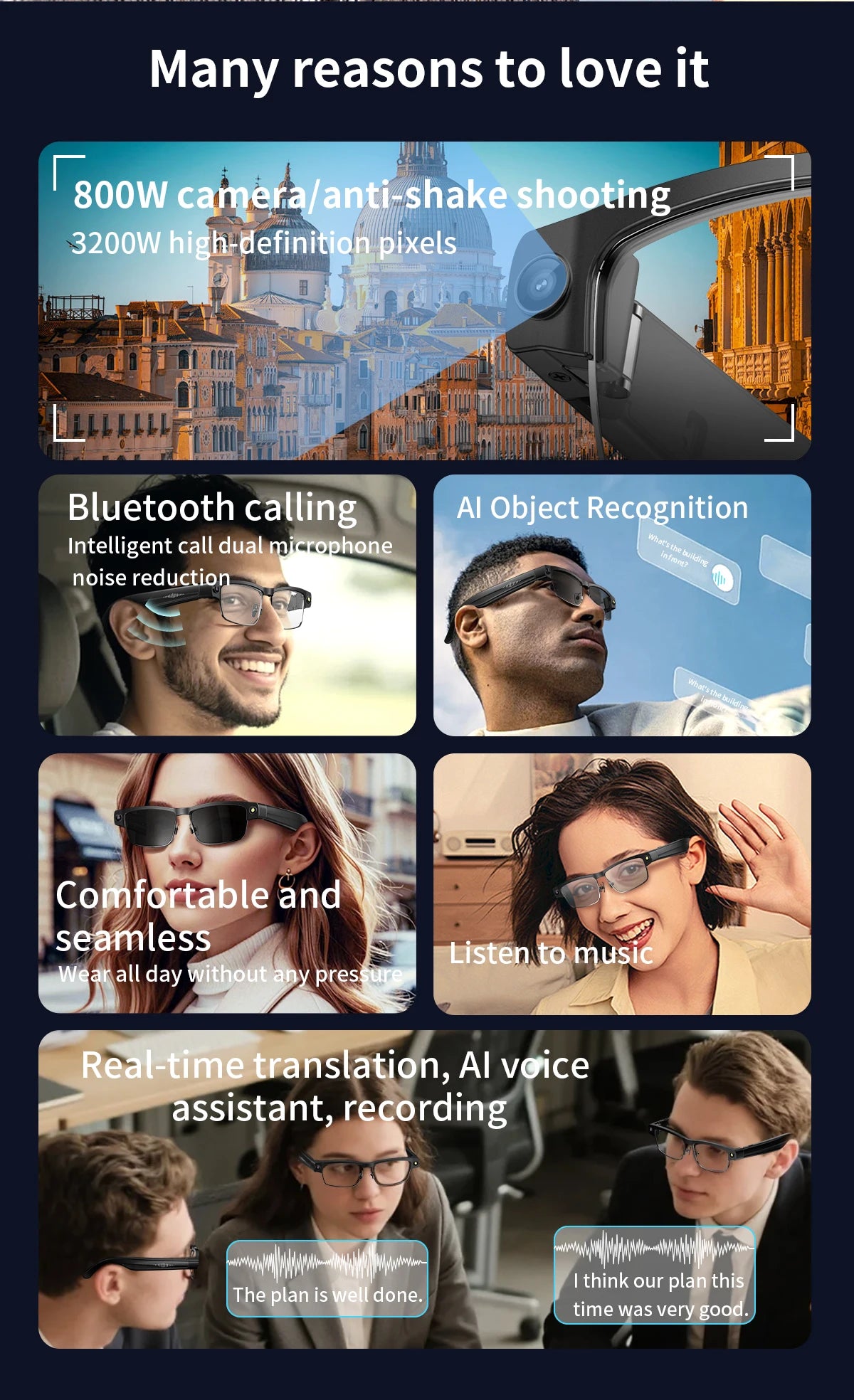 New 800W HD Camera Smart Glasses WFl Transmission Bluetooth Call AI Intelligent Voice Assistant Object Recognition Sun Glasses
