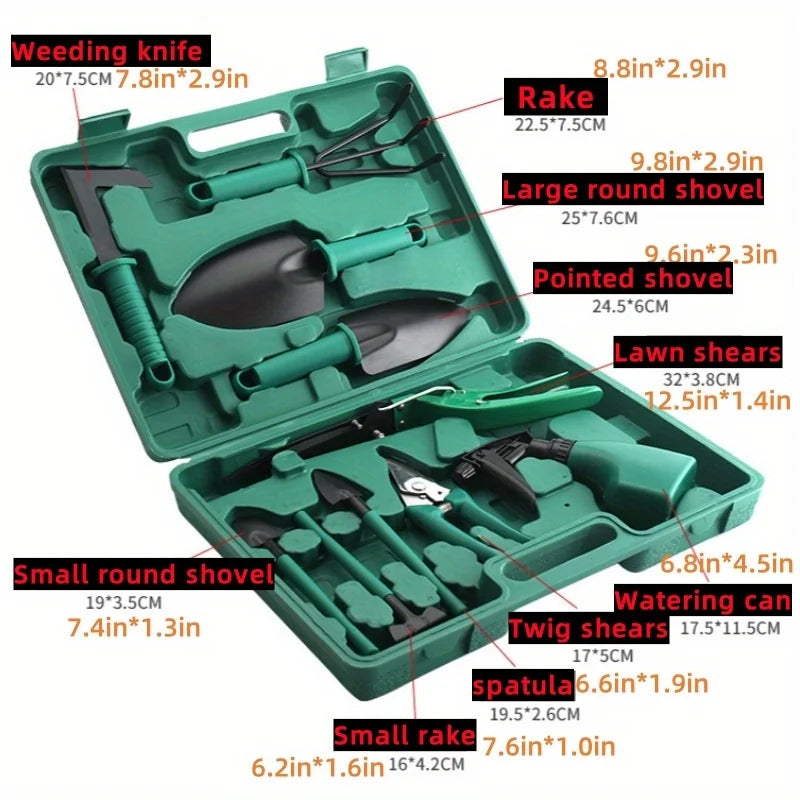 1Set Garden Tool Set Metal Plastic Non Electric with Suitcase 10pcs Pruning Rake Shovel Spatula Sprayer Non Slip Rubber Grip