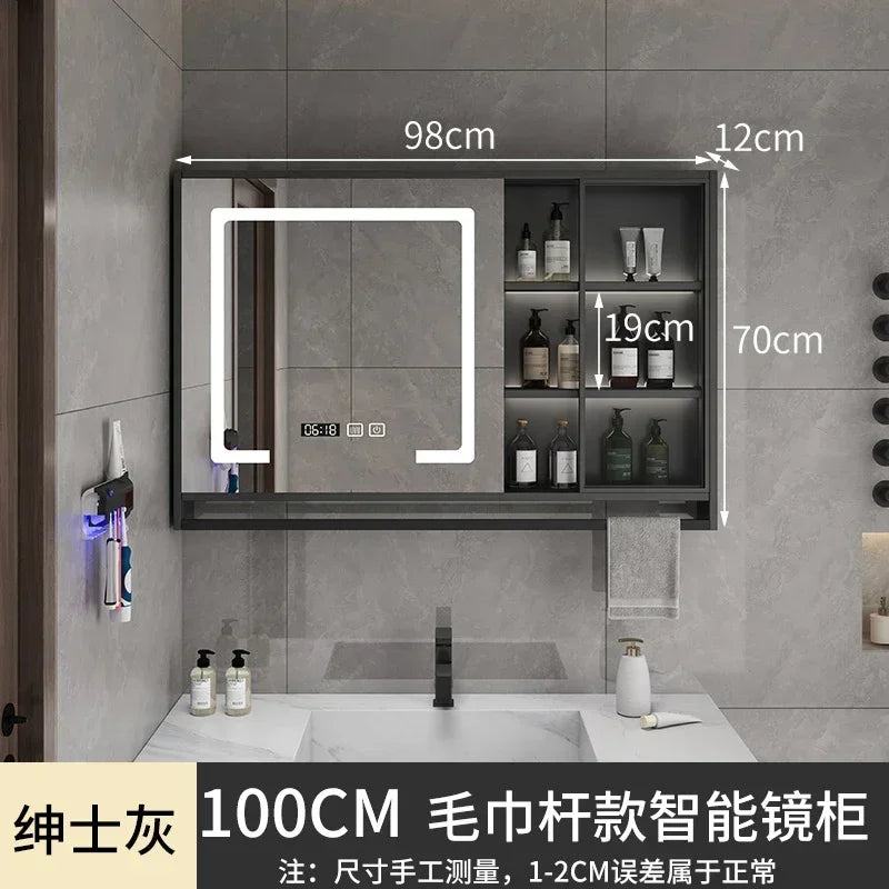 Smart Bathroom Storage Mirror Cabinets with Towel Rod Wall Standing Closet Light Mirror Cabinets Organizador Bathroom Furniture